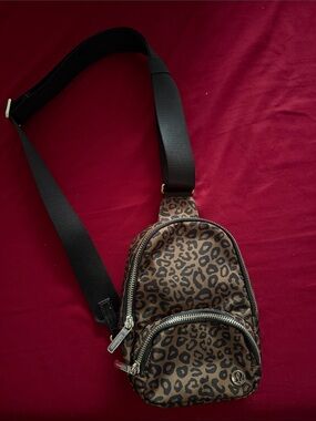 lululemon athletica Leopard Print Brown Crossbody Bag with Black Strap